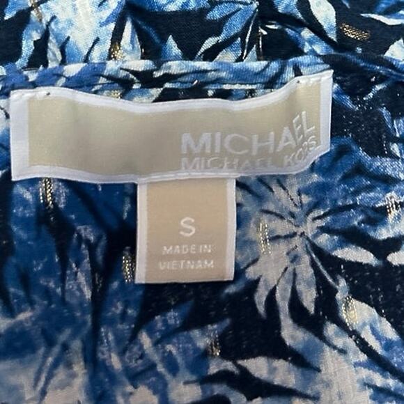 Michael Kors Blue Floral Metallic Keyhole Tie Shorts Sleeve Peplum Blouse Top S - Picture 5 of 6